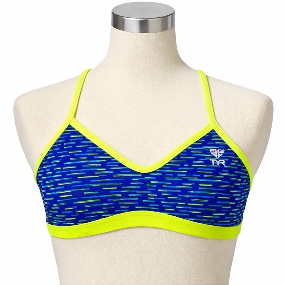NWT TYR Durafast One Vitality Trinity Bikini Top Gym Workout Blue/Lime XS 0-2